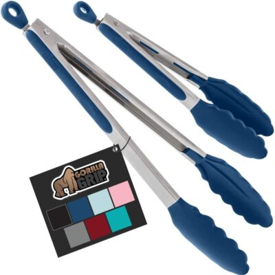 Gorilla Grip Stainless Steel Heat Resistant BBQ Kitchen Tongs Set of 2, Non Scratch Silicone Tip for Nonstick Cooking Pans, Strong Grip for Grabbing Hot Food, Air fryer, Pull Lock, 7 and 9 Inch, Blue