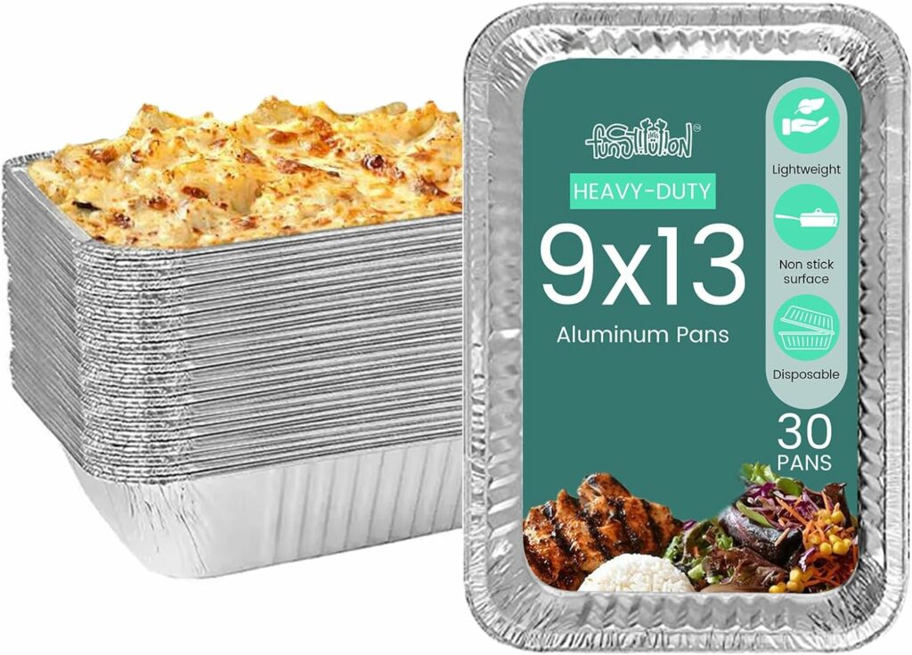 FUNSTITUTION Aluminum Foil Pans 9x13 (30 Pack) - Disposable Aluminum Baking Pans With High Heat Conductivity For Grilling, Cooking, Storing, Prepping, Disposable Aluminum Pans and Tin Foil Pan 