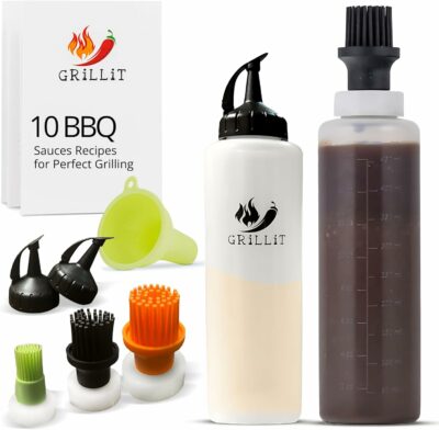 Sauce Basting Bottle Set for Grilling with 3 Silicone BBQ Basting Brush Caps & 2 Squeeze Caps - Squeeze Bottles for Sauces with Applicators, Storage Caps & Funnel - Condiment Sauce Dispenser
