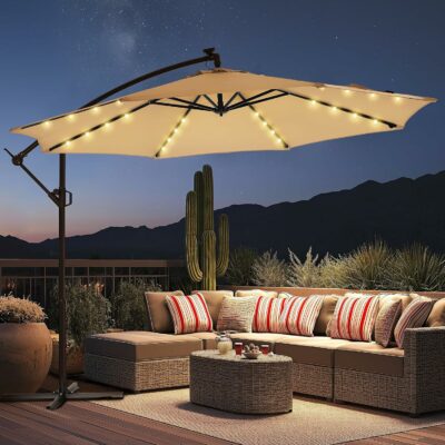10ft Solar Lights Offset Cantilever Patio Umbrella - w/Light, LED Lighted Offset Hanging Patio Outdoor Market Umbrella UPF50+ UV Protection with Easy Tilt and Crank (Beige)