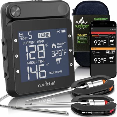 NutriChef WiFi Grill Meat Thermometer, Wireless Dual Smart Probes, Alarm Indoor from Outdoor Barbecue Smoker, Compatible with Any Smartphone, Rechargeable Meter for Outside BBQ Grilling