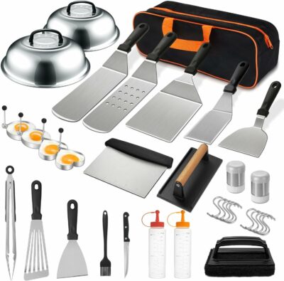 35PCS Griddle Accessories Kit, Flat Top Grill Accessories Set for Blackstone and Camp Chef, Grill Spatula Set with Enlarged Spatulas, Basting Cover, Scraper for Outdoor Barbecue 