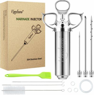 Meat Injector Syringe 2-oz Marinade Flavor Barrel 304 Stainless Steel with 3 Marinade Needles for BBQ Grill Smoker, Turkey, Fish, Brisket, Paper Silicone Brush and Instruction Included by Kendane 